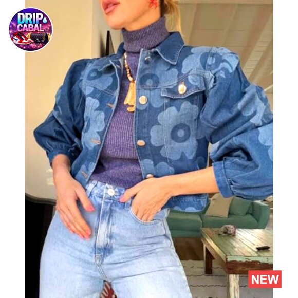 Denim Jacket Floral Button Down Long Sleeve Streetwear Fall Coat Women's Casual - Picture 4 of 5